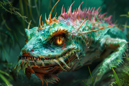 Majestic Aquatic Creature in Vivid Underwater Setting with Vibrant Colors, Fantasy Marine Life Concept Digital Artwork AI Generativeの素材