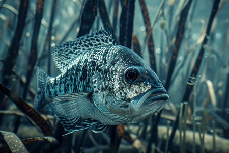 Close Up of a Majestic Sunfish Swimming Amongst Underwater Reeds in a Serene Oceanic Environment AI Generativeの素材