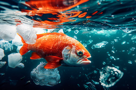 Vibrant Orange Fish Swimming Elegantly in Crystal Clear Underwater Environment with Ice Chunks AI Generativeの素材