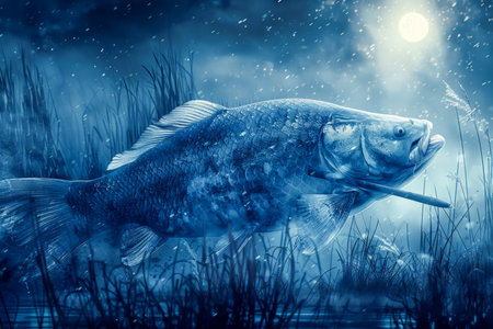 Majestic Large Fish Swimming Gracefully Under Moonlit Water in a Mystical Underwater Scene AI Generativeの素材