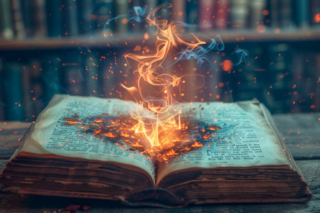 Magical Open Book On Wooden Table With Glowing Letters and Sparkles in Library AI Generativeの素材