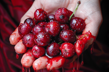 Fresh Juicy Cherries Held in Hands with Water Droplets and Red Juice Healthy Fruit Concept AI Generativeの素材