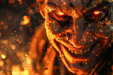 Intense Horror Demon Face with Glowing Red Eyes Amidst Fiery Sparks AI Generativeの素材