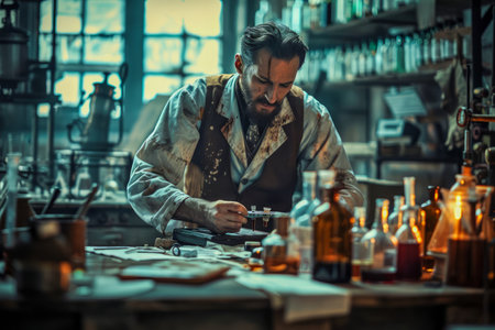 Vintage Artisan Workshop with Craftsman Working on Handmade Jewelry Amidst Rustic Tools and Bottles AI Generativeの素材