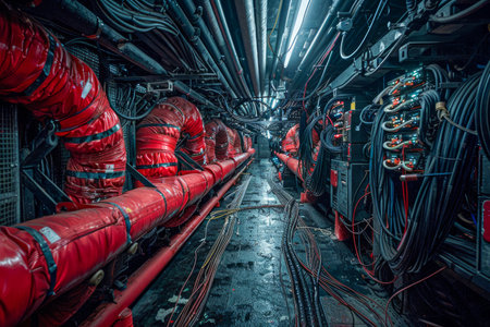 Industrial Pipeline Engineering Interior of a Modern Factory with Red Pipes AI Generativeの素材