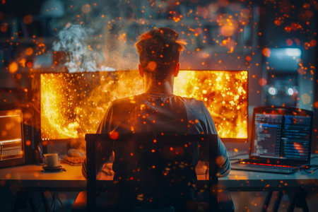 Man Silhouetted Against Fiery Background in Workplace Setting with Glowing Ember Effect AI Generativeの素材