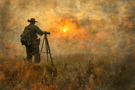 Silhouette of a Cowboy Walking in a Field at Sunset with Dramatic Sky and Rustic Landscape Scenery AI Generativeの素材