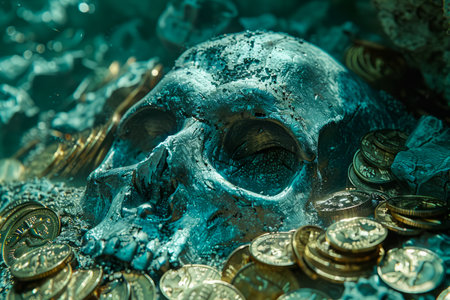 Underwater Mystery Sunken Human Skull Amidst Ancient Coin Treasure in Shadowy Seabed AI Generativeの素材