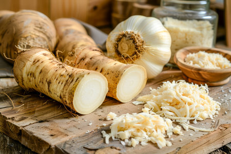 Fresh Organic Horseradish Roots and Grated Horseradish on Wooden Board in Rustic Kitchen Setting AI Generativeの素材
