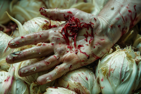 Dramatic Image of Blood Stained Hand Amid Artistic Setting Evoking Horror and Suspense Ideal for Halloween and Thriller Themes AI Generativeの素材