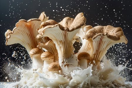Captivating Close Up of Oyster Mushrooms in Dynamic Flour Explosion on Dark Background AI Generativeの素材