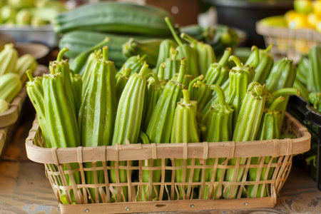 Fresh Organic Okra Displayed in a Rustic Basket at a Local Farmers Market with Vegetables in Background AI Generativeの素材