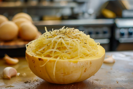 Fresh Spaghetti Squash Shredded on Kitchen Counter with Raw Eggs and Garlic in Background AI Generativeの素材