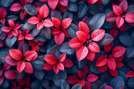 Vibrant Red Leaves on Dark Blue Foliage Background for Tranquil Nature Inspired Design AI Generativeの素材