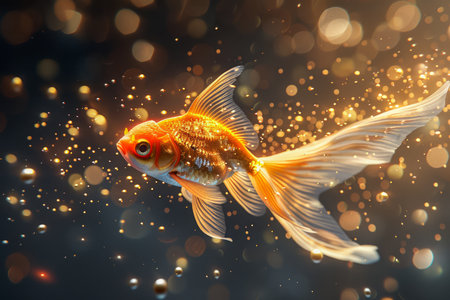Magical Goldfish Swimming Gracefully Surrounded by Glowing Particles Underwater Conceptual Artwork AI Generativeの素材