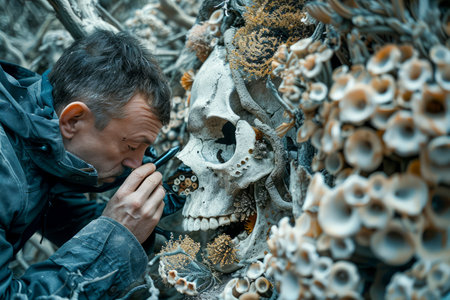 Biologist Conducting Research on Skull in Forest with Fungal Growth, Ecology and Biodiversity Concepts AI Generativeの素材