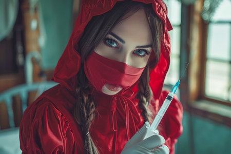 Mysterious Woman in Red Hood and Mask Holding Syringe, Conceptual Health Care or Halloween Theme AI Generativeの素材