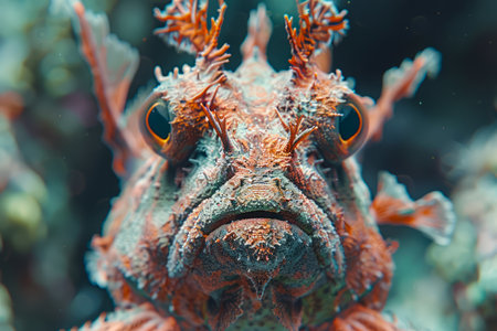 Close up Portrait of a Majestic Red Scorpionfish in Its Natural Underwater Habitat AI Generativeの素材