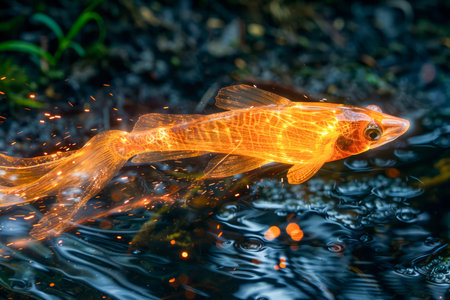 Shimmering Golden Koi Fish Gliding Gracefully in Serene Pond Water With Sunlight Sparkles AI Generativeの素材