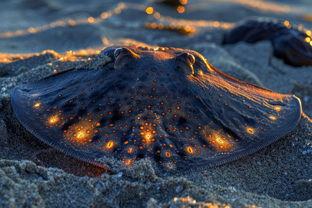 Golden Hour Sunlight Glistening on a Stranded Starfish at the Beach with Textured Sand Background AI Generativeの素材