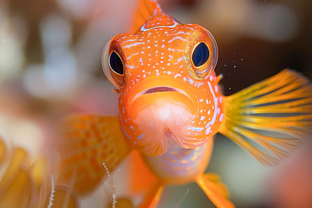 Vibrant Orange Spotted Saltwater Fish Swimming in Coral Reef Environment with Delicate Fins and Clear Eyes AI Generativeの素材