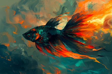 Vibrant Fantasy Art of Siamese Fighting Fish with Flaming Tail in Mystical Aquatic Scene AI Generativeの素材