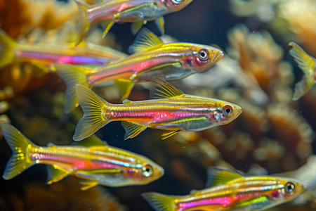 Vibrant School of Tropical Fish Swimming Gracefully in a Coral Reef Aquarium Environment AI Generativeの素材