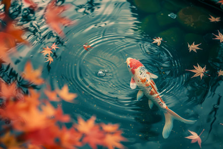 Serene Autumn Pond with Single Koi Fish Surrounded by Floating Maple Leaves and Rippling Water AI Generativeの素材