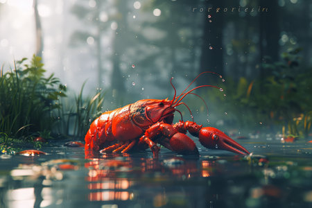 Enchanted Forest Scene with Majestic Red Crawfish Amongst Misty Wilderness Water AI Generativeの素材
