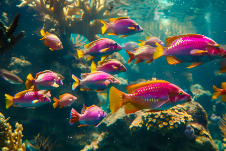 Vibrant Tropical Fish Swimming Amongst Sunlit Coral Reefs in Crystal Clear Ocean Waters Underwater Marine Life AI Generativeの素材