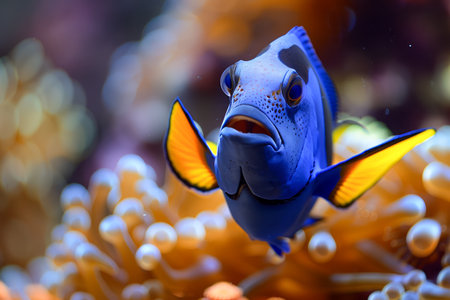 Vibrant Blue and Yellow Regal Tang Fish Swimming Amongst Coral Reefs in a Pristine Aquatic Environment AI Generativeの素材