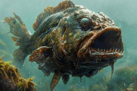 Underwater Close up View of a Large Predatory Fish with Sharp Teeth in Natural Habitat AI Generativeの素材