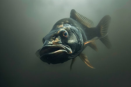 Majestic Underwater Portrait of a Solitary Fish Swimming in Murky Waters Illuminated by Sunlight AI Generativeの素材