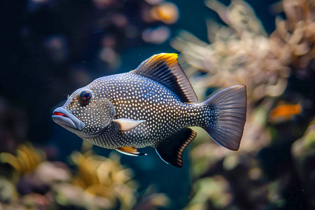 Vibrant Tropical Fish Swimming in Coral Reef Aquarium with Marine Backdrop for Nature Backgrounds AI Generativeの素材