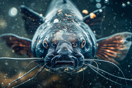 Underwater Close up of a Mysterious Catfish with Whiskers in a freshwater environment, Detailed Fish Portrait with Bubbles and Moody Lighting AI Generativeの素材