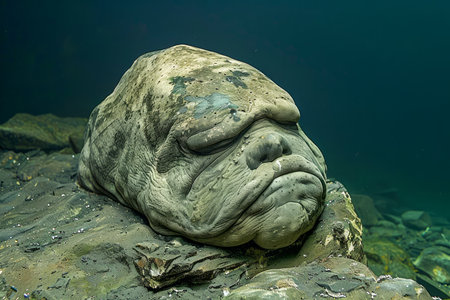 Close up of a Resting Green Sea Creature with Wart like Skin Texture in Underwater Habitat AI Generativeの素材