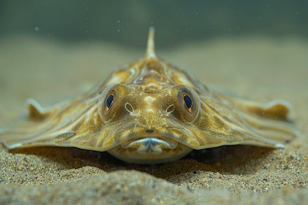Close up View of a Camouflaged Flatfish Lying on the Sandy Ocean Floor with a Detailed Focus on its Eyes and Texture AI Generativeの素材