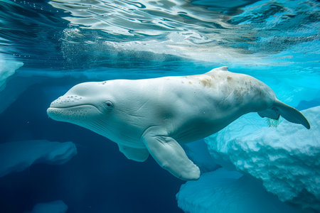 Majestic Beluga Whale Gracefully Swimming in Crystal Clear Arctic Waters AI Generativeの素材