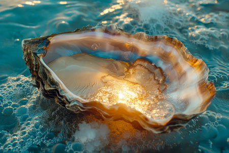 Sunlight Glistening on Sea Shell Floating in Crystal Clear Blue Ocean Waters at Sunset AI Generativeの素材