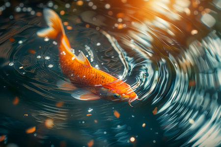Majestic Orange Koi Fish Swimming Gracefully in Shimmering Pond with Sunlight Dancing on Water Surface AI Generativeの素材