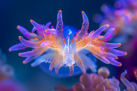 Vibrant Close Up of a Nudibranch on Coral Reef Underwater Marine Life Photography with Vivid Detail and Color AI Generativeの素材