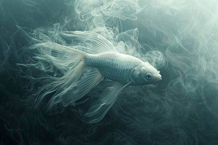 Mystical Underwater Scene with Ethereal Fish Gliding Through Dreamy Smoke Like Water in Aquatic Environment AI Generativeの素材