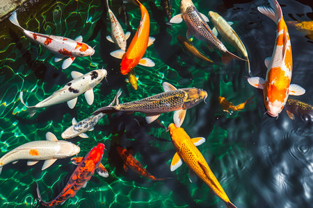 Colorful Koi Fish Swimming Gracefully in a Shimmering Pond with Sunlight Reflecting Off Water Surface AI Generativeの素材