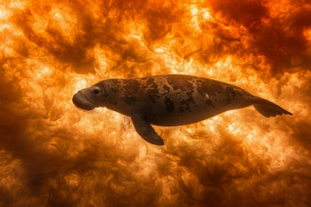 Majestic Seal Swimming Gracefully Against a Dramatic Orange Toned Underwater Backdrop AI Generativeの素材