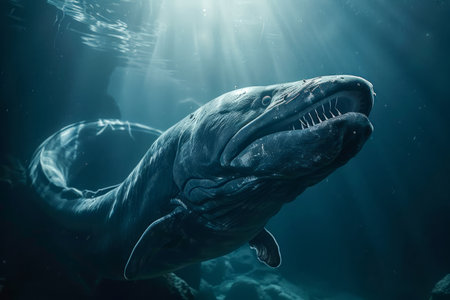 Majestic Underwater Giant Mysterious Blue Whale Floating in Ocean Depths with Sunlight Filtering Down AI Generativeの素材