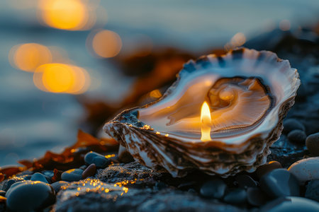 Serene Candle Lit Oyster Shell on Pebbled Beach at Dusk with Golden Sunset Reflections on Water AI Generativeの素材