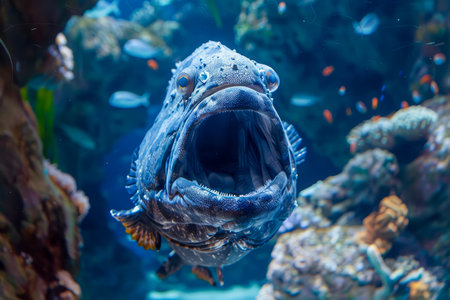 Majestic Underwater Portrait of Grouper Fish with Open Mouth in Vibrant Coral Reef Environment, Aquatic Life Photography AI Generativeの素材