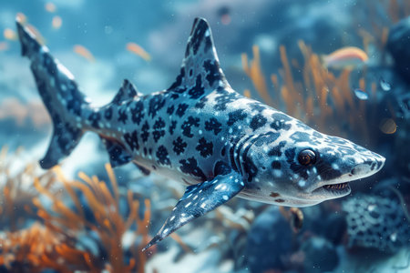 Majestic Spotted Shark Swimming Gracefully in Crystal Clear Blue Ocean Waters Among Colorful Coral Reefs AI Generativeの素材