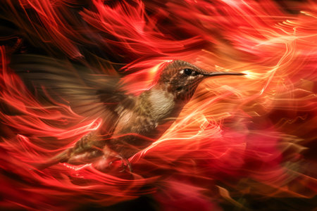 Fiery Hummingbird in Dynamic Abstract Motion, Vivid Red Artistic Background, Fine Art Concept AI Generativeの素材