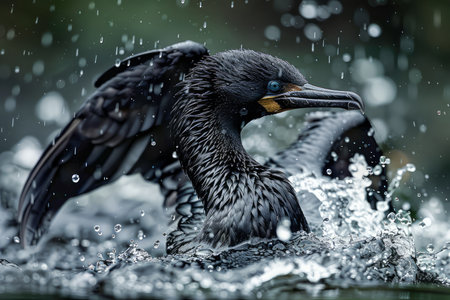 Majestic Black Cormorant Splashing Water with Wings in a Rainy Natural Habitat AI Generativeの素材